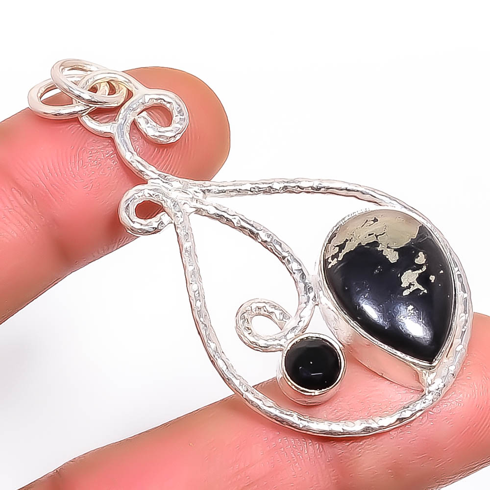 Apache Gold & Black Onyx 925 Sterling Silver Pendant, Handmade Pendant, Pear Pendant, Gold Pendant, Unique Silver Pendant, Fine Pendant, Silver Jewelry Pendant