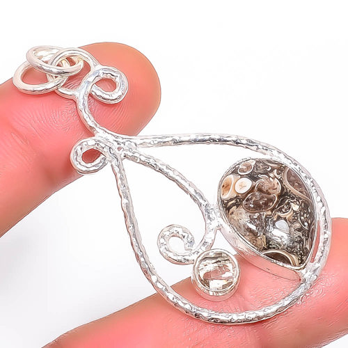 Turritella Fossil Agate & Smoky Quartz 925 Sterling Silver Pendant, Handmade Pendant, Pear Pendant, Brown Pendant, Unique Silver Pendant, Fine Pendant, Silver Jewelry Pendant