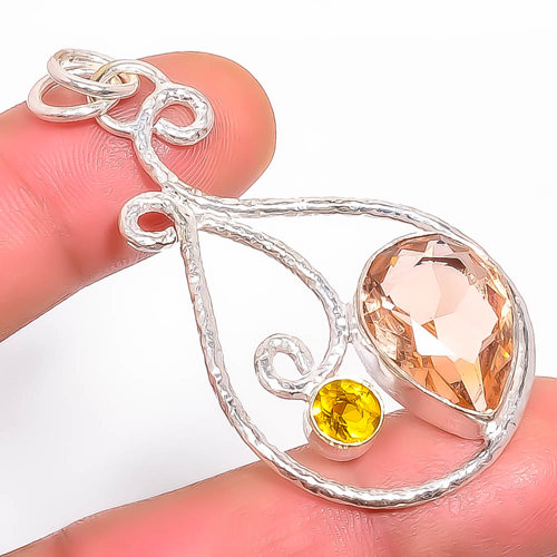 Morganite Quartz & Citrine 925 Sterling Silver Pendant, Handmade Pendant, Pear Pendant, Peach Pendant, Unique Silver Pendant, Fine Pendant, Silver Jewelry Pendant