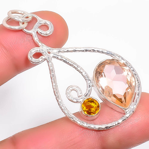 Morganite Quartz & Citrine 925 Sterling Silver Pendant, Handmade Pendant, Pear Pendant, Peach Pendant, Unique Silver Pendant, Fine Pendant, Silver Jewelry Pendant