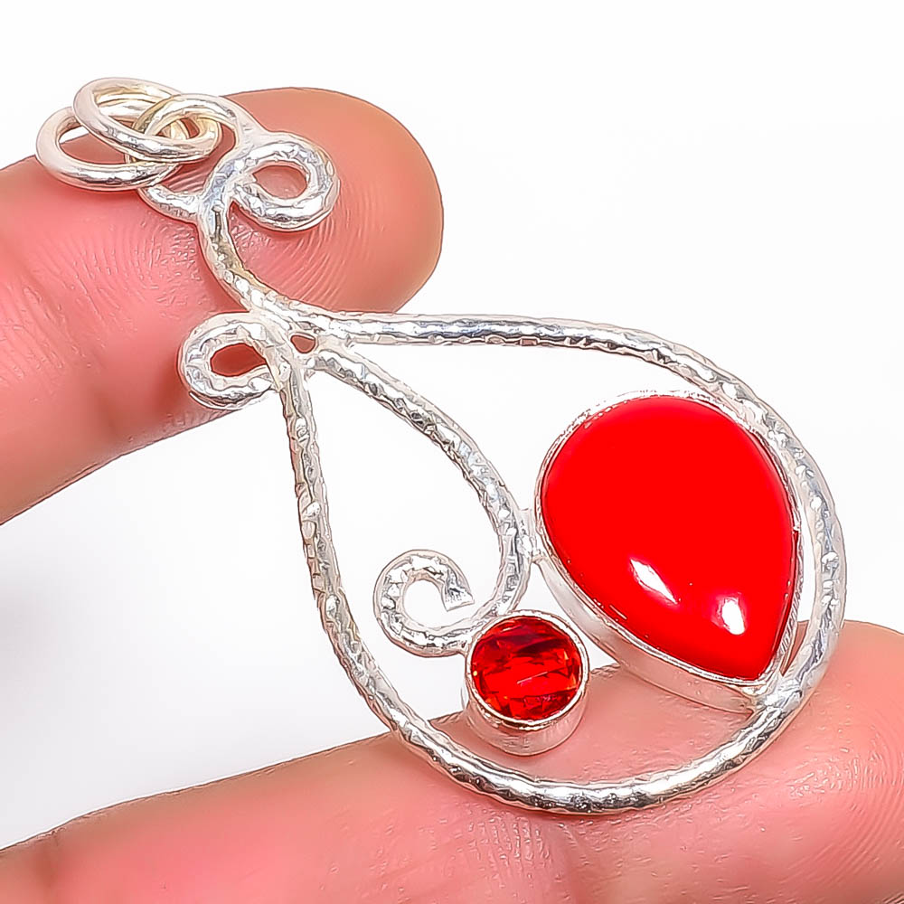 Red Coral & Garnet 925 Sterling Silver Pendant, Handmade Pendant, Pear Pendant, Red Pendant, Unique Silver Pendant, Fine Pendant, Silver Jewelry Pendant