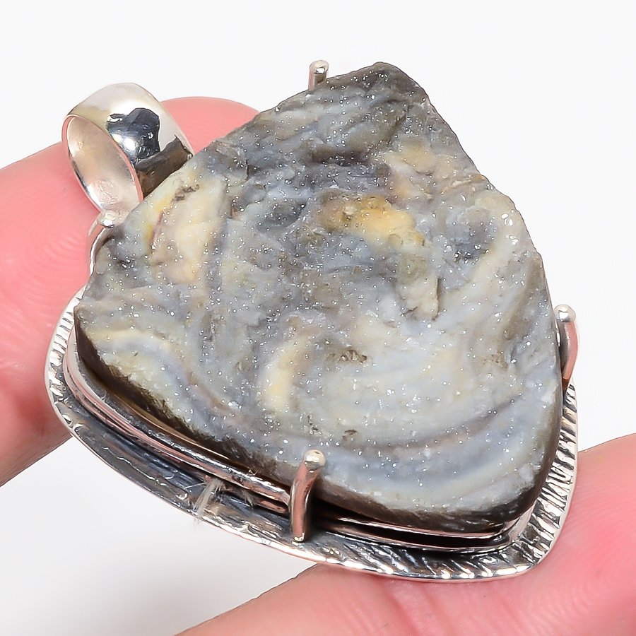 Desert Rose Drusy 925 Sterling Silver Pendant, Handmade Pendant, Pear Pendant, Gray Pendant, Unique Silver Pendant, Fine Pendant, Silver Jewelry Pendant