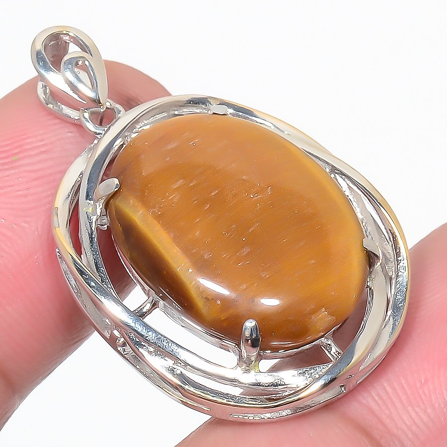 Thai Tiger Eye 925 Sterling Silver Pendant, Handmade Pendant, Oval Pendant, Yellow Pendant, Unique Silver Pendant, Fine Pendant, Silver Jewelry Pendant
