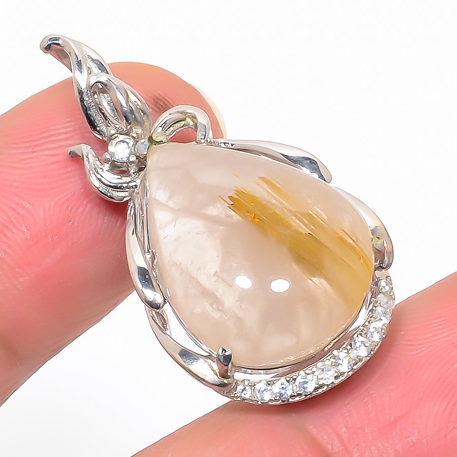 Golden Rutilated Quartz & Cz 925 Sterling Silver Pendant, Handmade Pendant, Pear Pendant, Golden Pendant, Unique Silver Pendant, Fine Pendant, Silver Jewelry Pendant