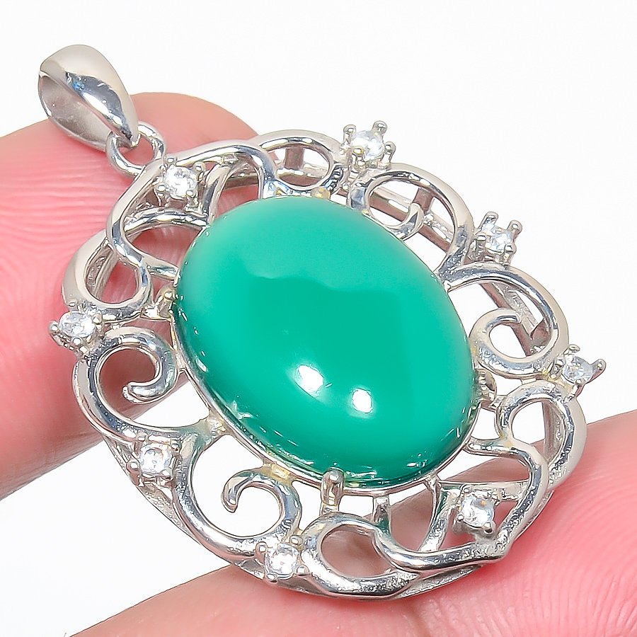 Green Onyx & Cz 925 Sterling Silver Pendant, Handmade Pendant, Oval Pendant, Green Pendant, Unique Silver Pendant, Fine Pendant, Silver Jewelry Pendant