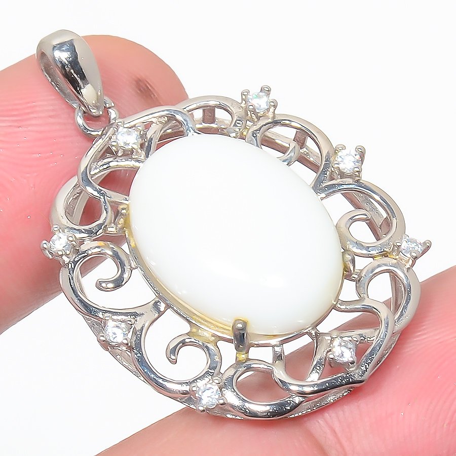 White Coral & Cz 925 Sterling Silver Pendant, Handmade Pendant, Oval Pendant, White Pendant, Unique Silver Pendant, Fine Pendant, Silver Jewelry Pendant