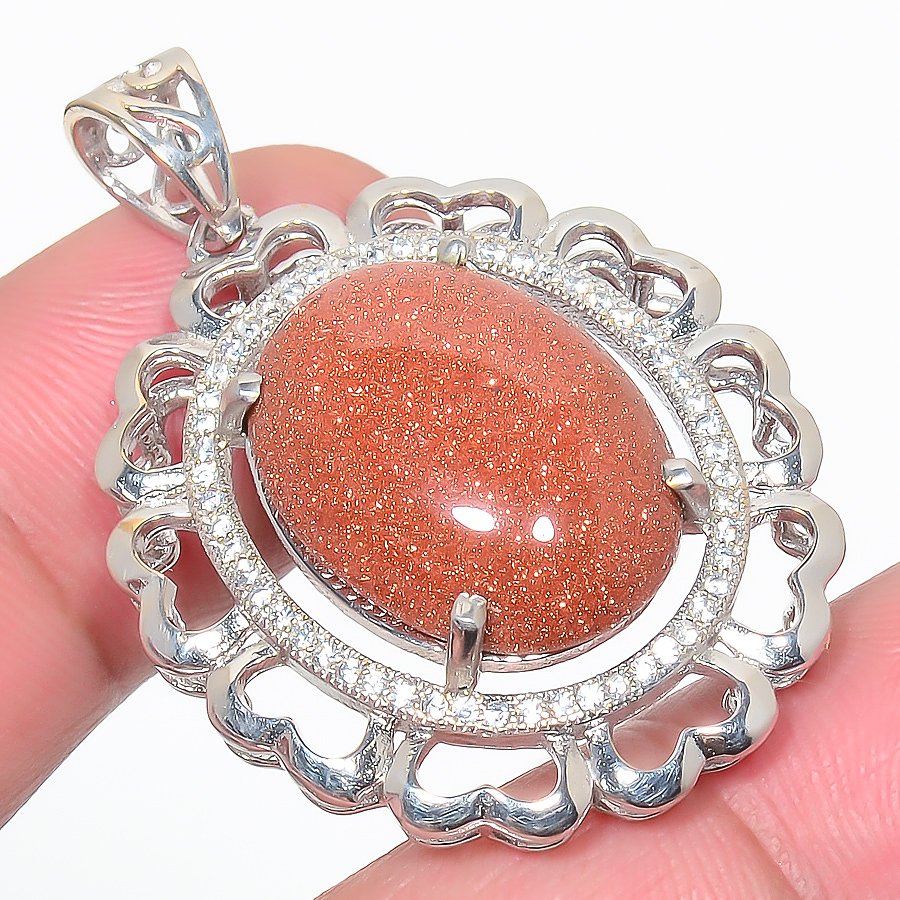 Golden Sunstone & Cz 925 Sterling Silver Pendant, Handmade Pendant, Oval Pendant, Golden Pendant, Unique Silver Pendant, Fine Pendant, Silver Jewelry Pendant