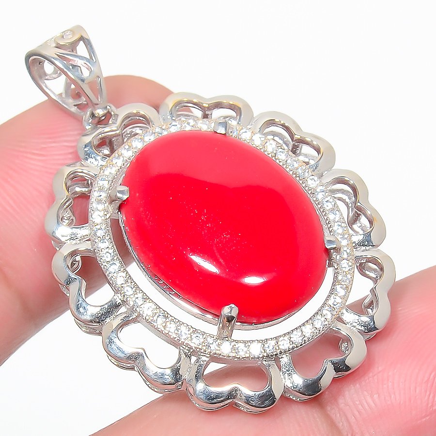 Red Coral & Cz 925 Sterling Silver Pendant, Handmade Pendant, Oval Pendant, Red Pendant, Unique Silver Pendant, Fine Pendant, Silver Jewelry Pendant