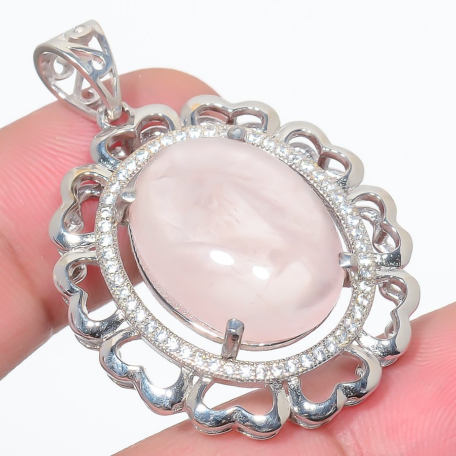 Rose Quartz & Cz 925 Sterling Silver Pendant, Handmade Pendant, Oval Pendant, Pink Pendant, Unique Silver Pendant, Fine Pendant, Silver Jewelry Pendant
