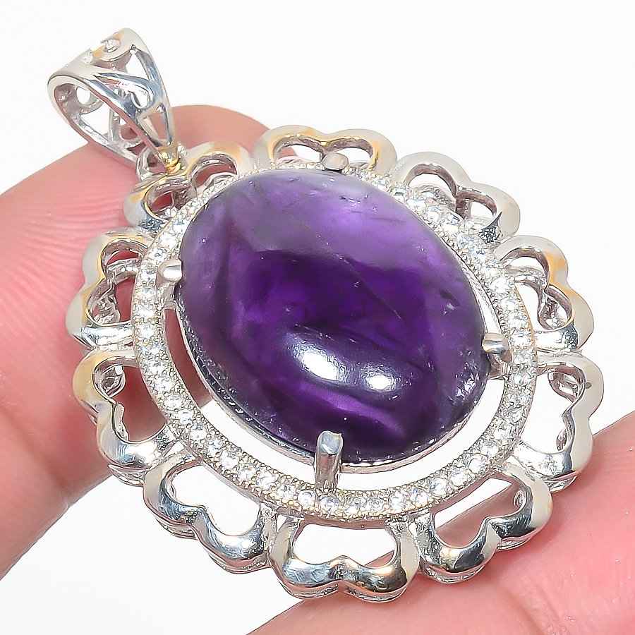 Amethyst & Cz 925 Sterling Silver Pendant, Handmade Pendant, Oval Pendant, Purple Pendant, Unique Silver Pendant, Fine Pendant, Silver Jewelry Pendant