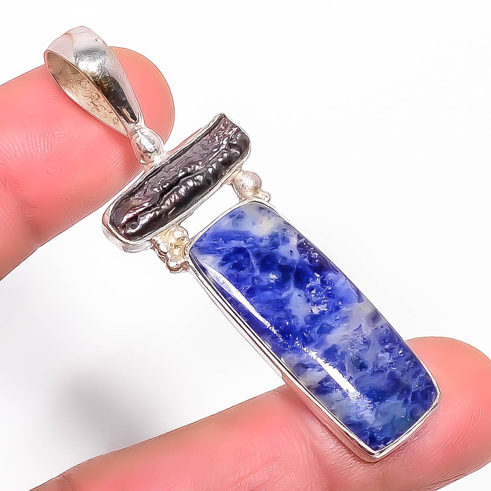 Sodalite & Biwa Pearl 925 Sterling Silver Pendant, Handmade Pendant, Baguette Pendant, Blue Pendant, Unique Silver Pendant, Fine Pendant, Silver Jewelry Pendant