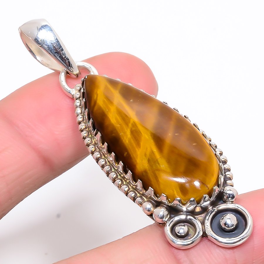 Thai Tiger Eye 925 Sterling Silver Pendant, Handmade Pendant, Pear Pendant, Yellow Pendant, Unique Silver Pendant, Fine Pendant, Silver Jewelry Pendant