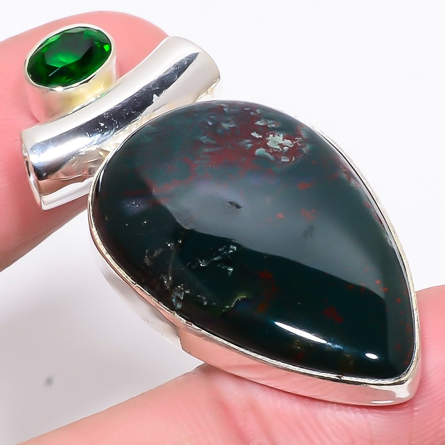 Bloodstone & Chrome Diopside 925 Sterling Silver Pendant, Handmade Pendant, Pear Pendant, Green Pendant, Unique Silver Pendant, Fine Pendant, Silver Jewelry Pendant