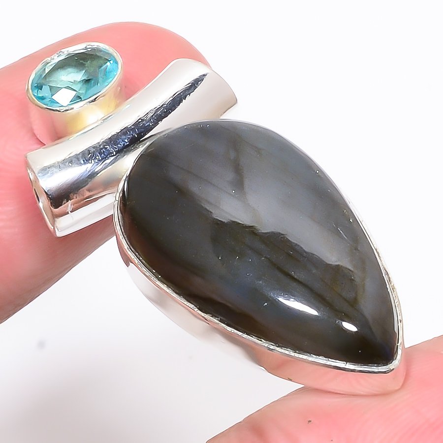 Labradorite & Blue Topaz 925 Sterling Silver Pendant, Handmade Pendant, Pear Pendant, Black Pendant, Unique Silver Pendant, Fine Pendant, Silver Jewelry Pendant