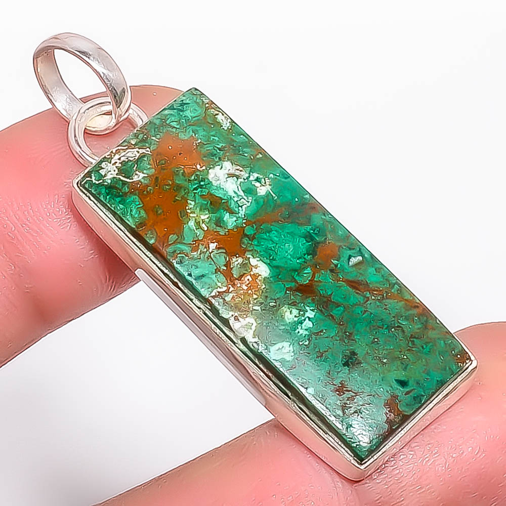 Cuprite Chrysocolla 925 Sterling Silver Pendant, Handmade Pendant, Baguette Pendant, Green Pendant, Unique Silver Pendant, Fine Pendant, Silver Jewelry Pendant
