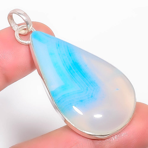 Blue Botswana Agate 925 Sterling Silver Pendant, Handmade Pendant, Pear Pendant, Blue Pendant, Unique Silver Pendant, Fine Pendant, Silver Jewelry Pendant