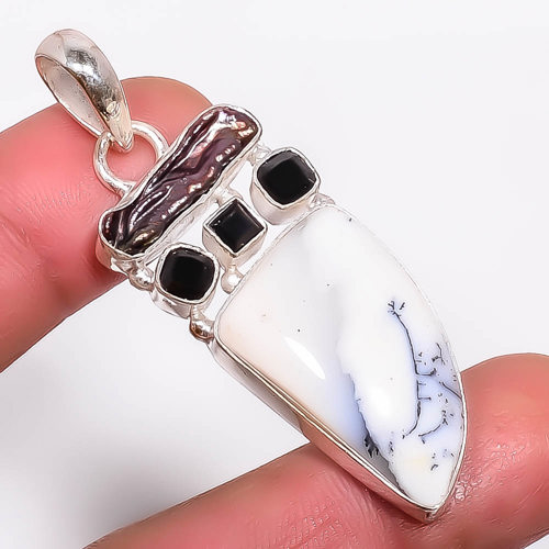Dendritic Opal & Biwa Pearl 925 Sterling Silver Pendant, Handmade Pendant, Trillion Pendant, White Pendant, Unique Silver Pendant, Fine Pendant, Silver Jewelry Pendant