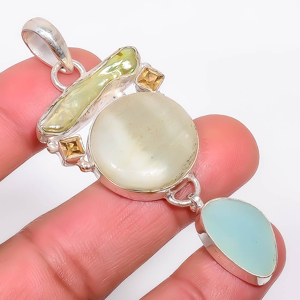 White Scolecite & Biwa Pearl 925 Sterling Silver Pendant, Handmade Pendant, Round Pendant, White Pendant, Unique Silver Pendant, Fine Pendant, Silver Jewelry Pendant