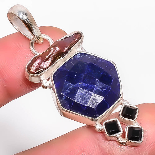 Lapis Lazuli & Biwa Pearl 925 Sterling Silver Pendant, Handmade Pendant, Haxogon Pendant, Blue Pendant, Unique Silver Pendant, Fine Pendant, Silver Jewelry Pendant