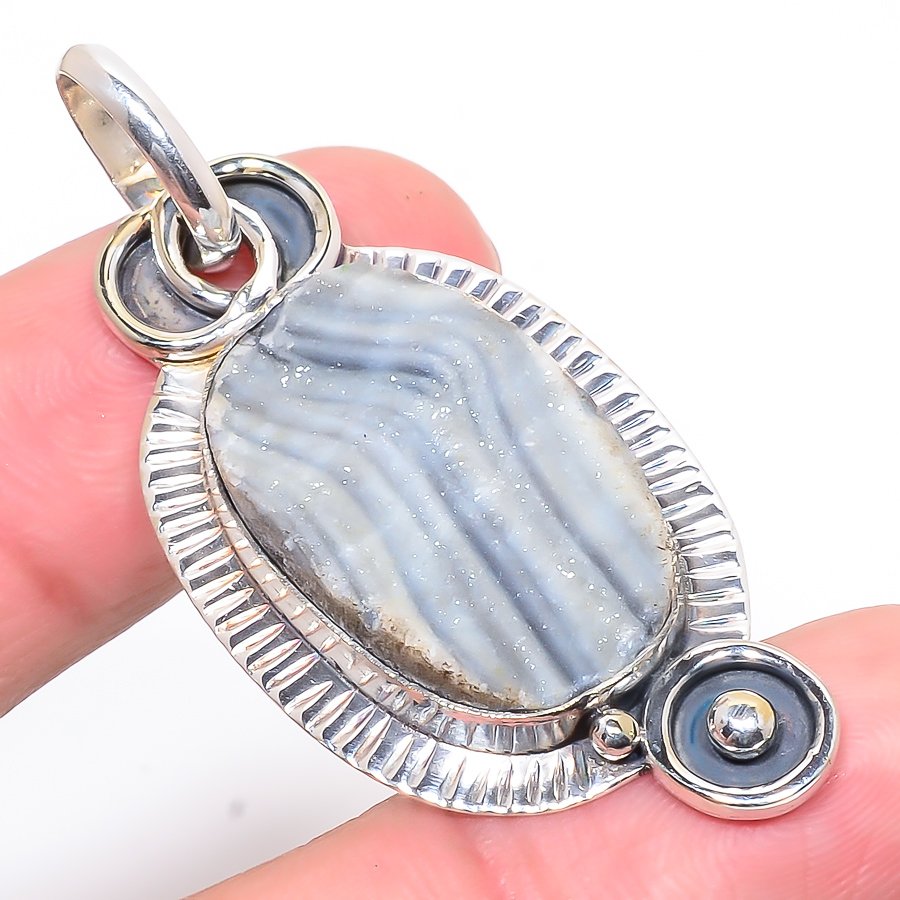 Desert Rose Drusy 925 Sterling Silver Pendant, Handmade Pendant, Oval Pendant, Gray Pendant, Unique Silver Pendant, Fine Pendant, Silver Jewelry Pendant