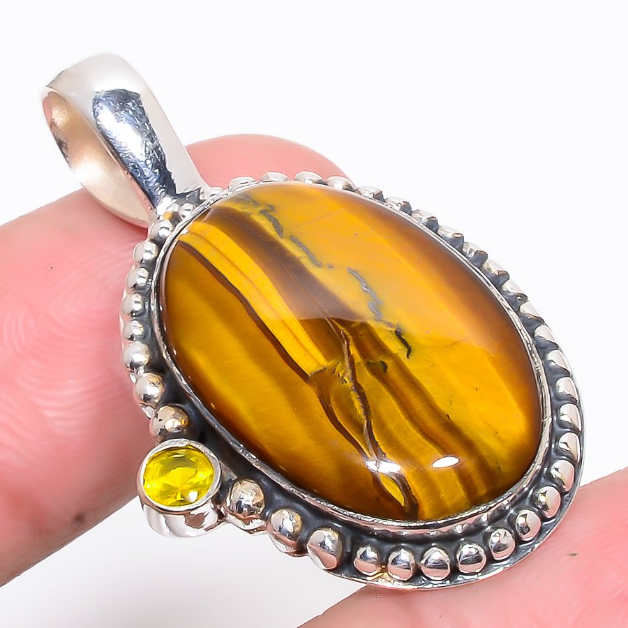 Thai Tiger Eye & Citrine 925 Sterling Silver Pendant, Handmade Pendant, Oval Pendant, Yellow Pendant, Unique Silver Pendant, Fine Pendant, Silver Jewelry Pendant
