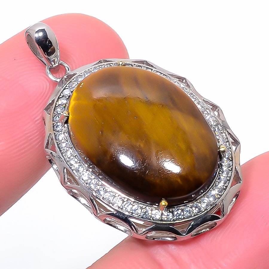 Thai Tiger Eye & Cz 925 Sterling Silver Pendant, Handmade Pendant, Oval Pendant, Yellow Pendant, Unique Silver Pendant, Fine Pendant, Silver Jewelry Pendant