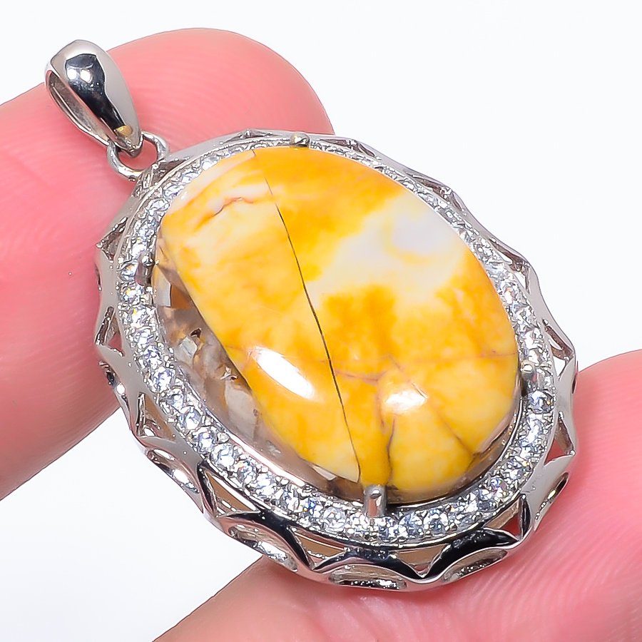 Brecciated Mookaite & Cz 925 Sterling Silver Pendant, Handmade Pendant, Oval Pendant, Yellow Pendant, Unique Silver Pendant, Fine Pendant, Silver Jewelry Pendant