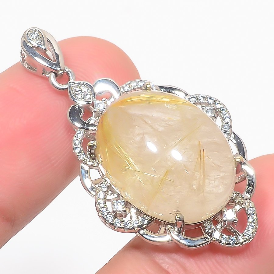 Golden Rutilated Quartz & Cz 925 Sterling Silver Pendant, Handmade Pendant, Oval Pendant, Golden Pendant, Unique Silver Pendant, Fine Pendant, Silver Jewelry Pendant