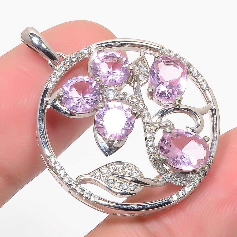 Rose Quartz & Cz 925 Sterling Silver Pendant, Handmade Pendant, Oval Pendant, Pink Pendant, Unique Silver Pendant, Fine Pendant, Silver Jewelry Pendant
