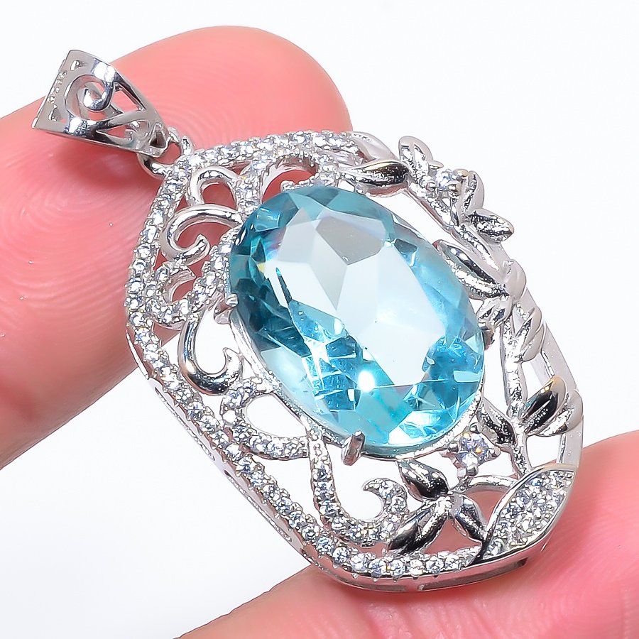 Blue Topaz & Cz 925 Sterling Silver Pendant, Handmade Pendant, Oval Pendant, Blue Pendant, Unique Silver Pendant, Fine Pendant, Silver Jewelry Pendant