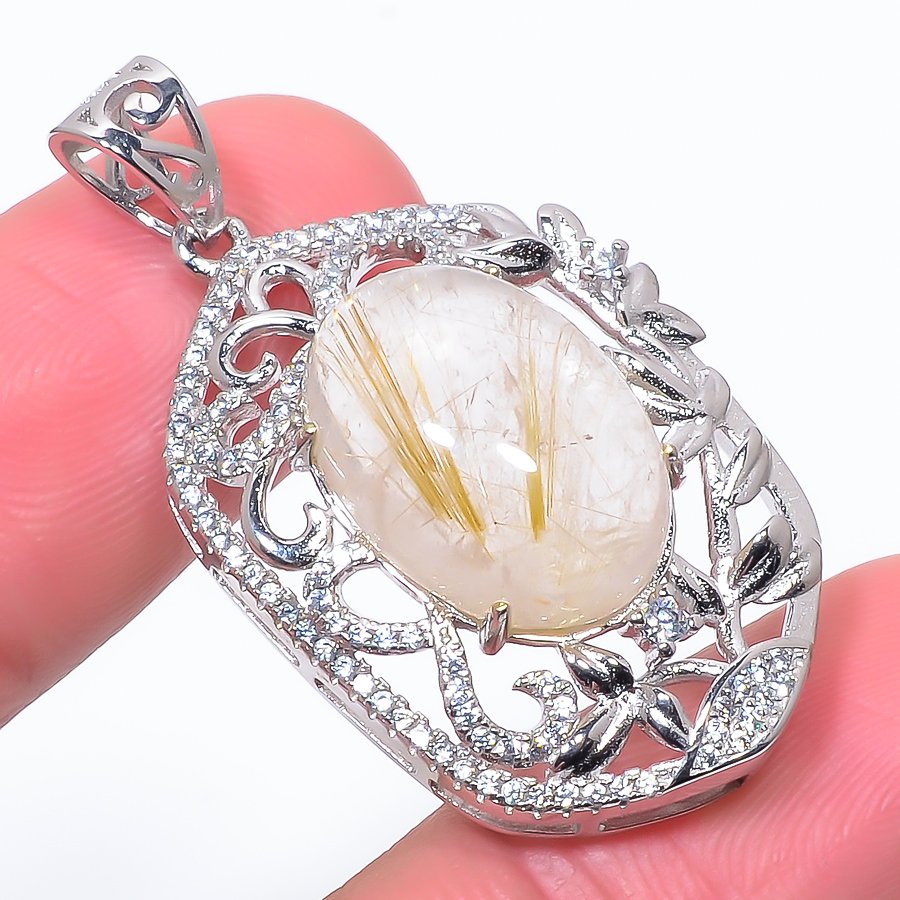 Golden Rutilated Quartz & Cz 925 Sterling Silver Pendant, Handmade Pendant, Oval Pendant, Golden Pendant, Unique Silver Pendant, Fine Pendant, Silver Jewelry Pendant