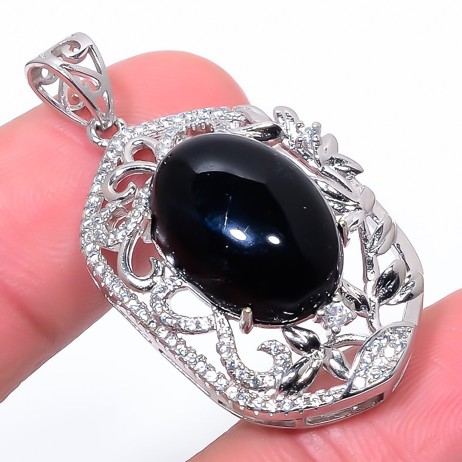 Black Onyx & Cz 925 Sterling Silver Pendant, Handmade Pendant, Oval Pendant, Black Pendant, Unique Silver Pendant, Fine Pendant, Silver Jewelry Pendant