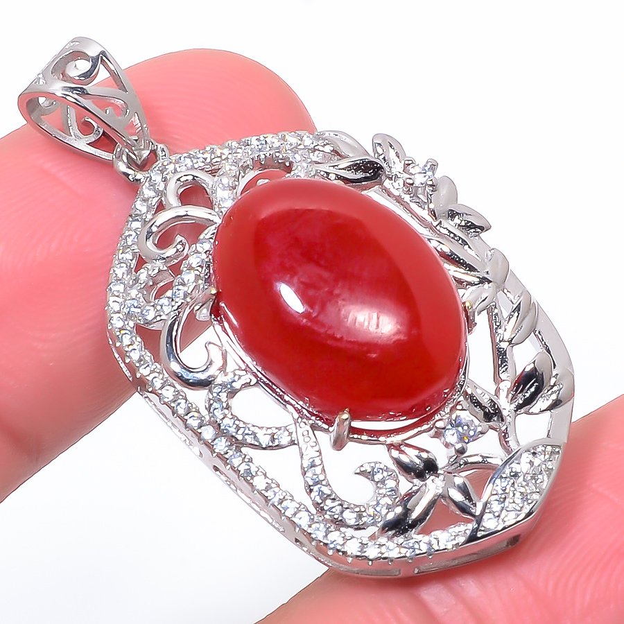 Carnelian & Cz 925 Sterling Silver Pendant, Handmade Pendant, Oval Pendant, Red Pendant, Unique Silver Pendant, Fine Pendant, Silver Jewelry Pendant