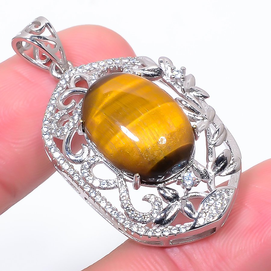 Thai Tiger Eye & Cz 925 Sterling Silver Pendant, Handmade Pendant, Oval Pendant, Yellow Pendant, Unique Silver Pendant, Fine Pendant, Silver Jewelry Pendant