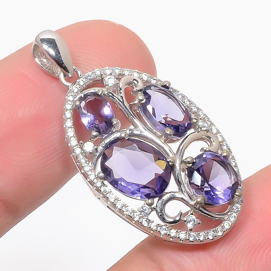 Amethyst & Cz 925 Sterling Silver Pendant, Handmade Pendant, Oval Pendant, Purple Pendant, Unique Silver Pendant, Fine Pendant, Silver Jewelry Pendant