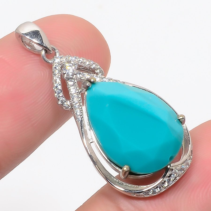 Blue Chalcedony & Cz 925 Sterling Silver Pendant, Handmade Pendant, Pear Pendant, Blue Pendant, Unique Silver Pendant, Fine Pendant, Silver Jewelry Pendant
