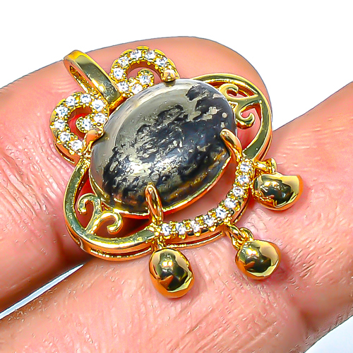 Magnesite Pyrite & White Topaz 925 Sterling Silver Pendant, Handmade Pendant, Oval Pendant, Gold & Black Pendant, Unique Silver Pendant, Fine Pendant, Silver Jewelry Pendant