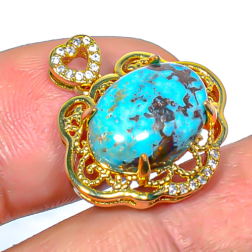Turquoise Santa Rita & White Topaz 925 Sterling Silver Pendant, Handmade Pendant, Oval Pendant, Blue Pendant, Unique Silver Pendant, Fine Pendant, Silver Jewelry Pendant