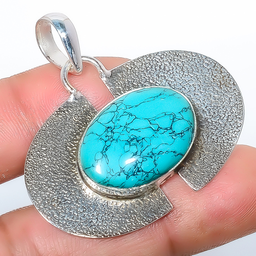 Turquoise 925 Sterling Silver Pendant, Handmade Pendant, Oval Pendant, Blue Pendant, Unique Silver Pendant, Fine Pendant, Silver Jewelry Pendant