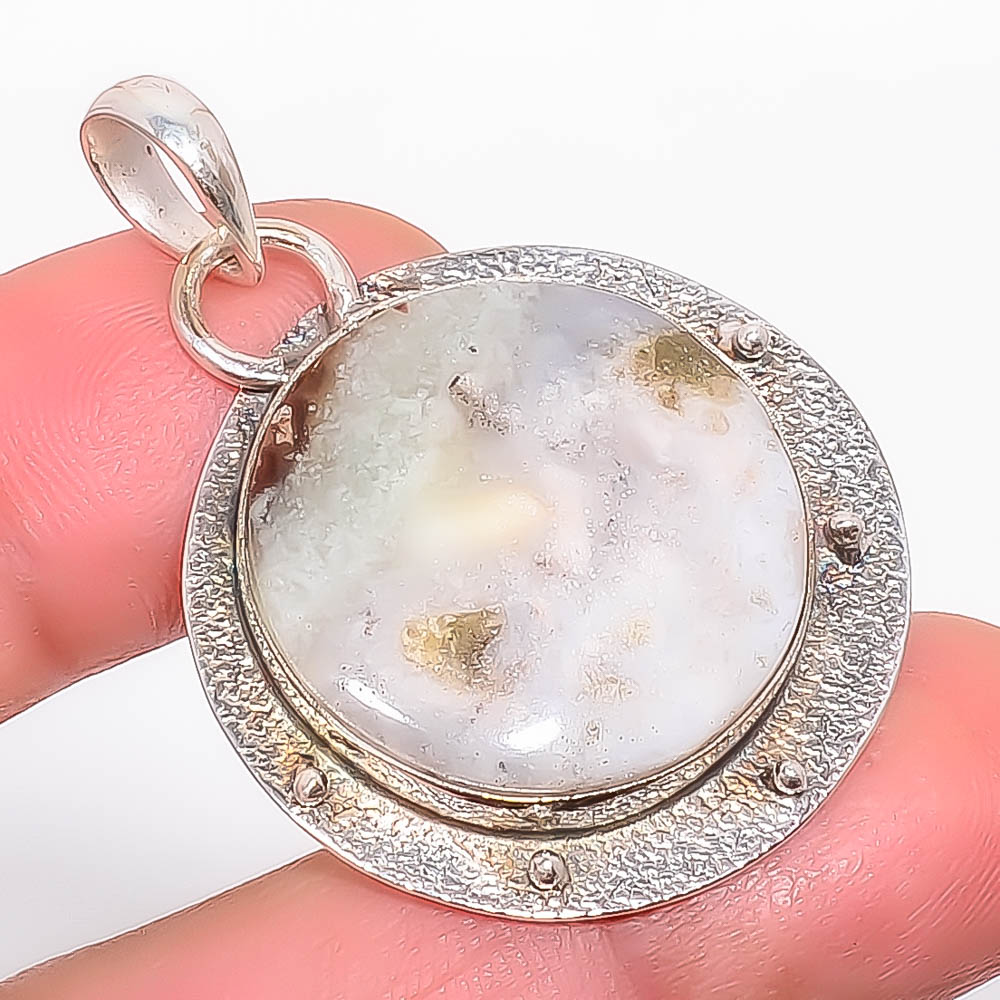 Aquaprase 925 Sterling Silver Pendant, Handmade Pendant, Round Pendant, White Pendant, Unique Silver Pendant, Fine Pendant, Silver Jewelry Pendant