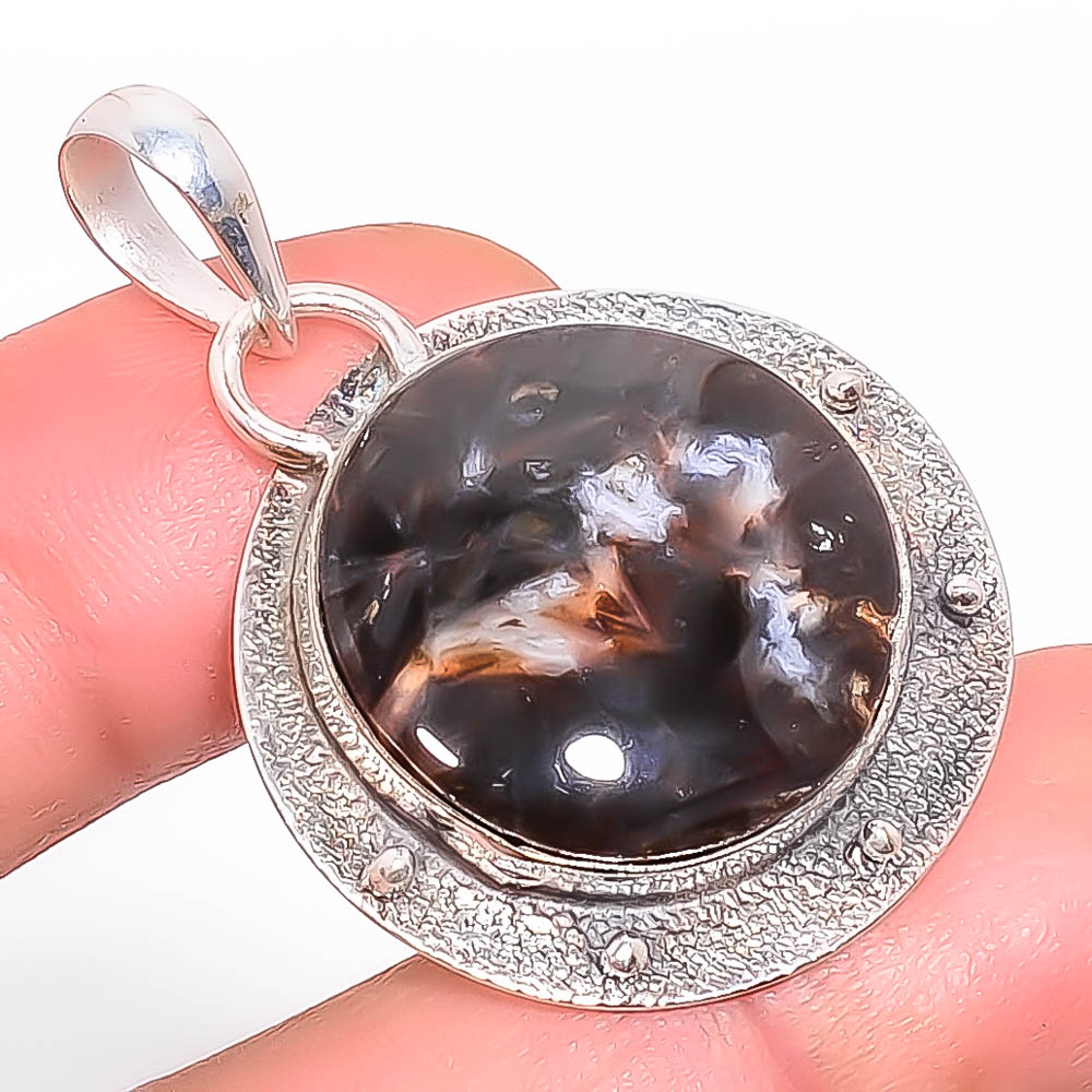 Stick Agate 925 Sterling Silver Pendant, Handmade Pendant, Round Pendant, Brown Pendant, Unique Silver Pendant, Fine Pendant, Silver Jewelry Pendant