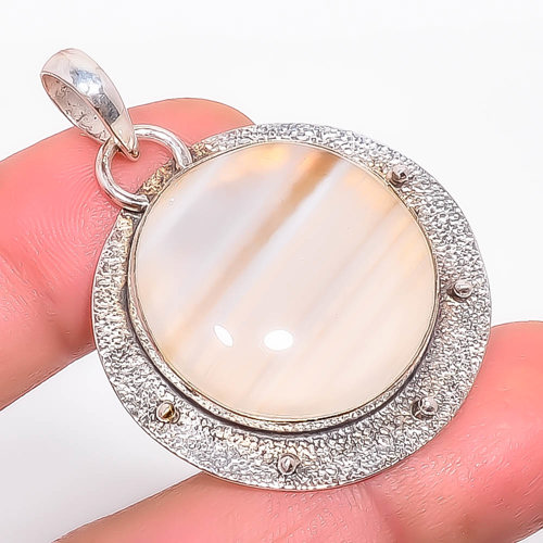 Banded Agate 925 Sterling Silver Pendant, Handmade Pendant, Round Pendant, Yellow Pendant, Unique Silver Pendant, Fine Pendant, Silver Jewelry Pendant