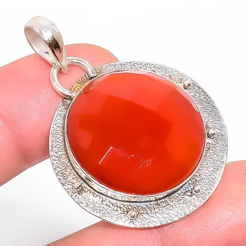 Carnelian 925 Sterling Silver Pendant, Handmade Pendant, Round Pendant, Red Pendant, Unique Silver Pendant, Fine Pendant, Silver Jewelry Pendant