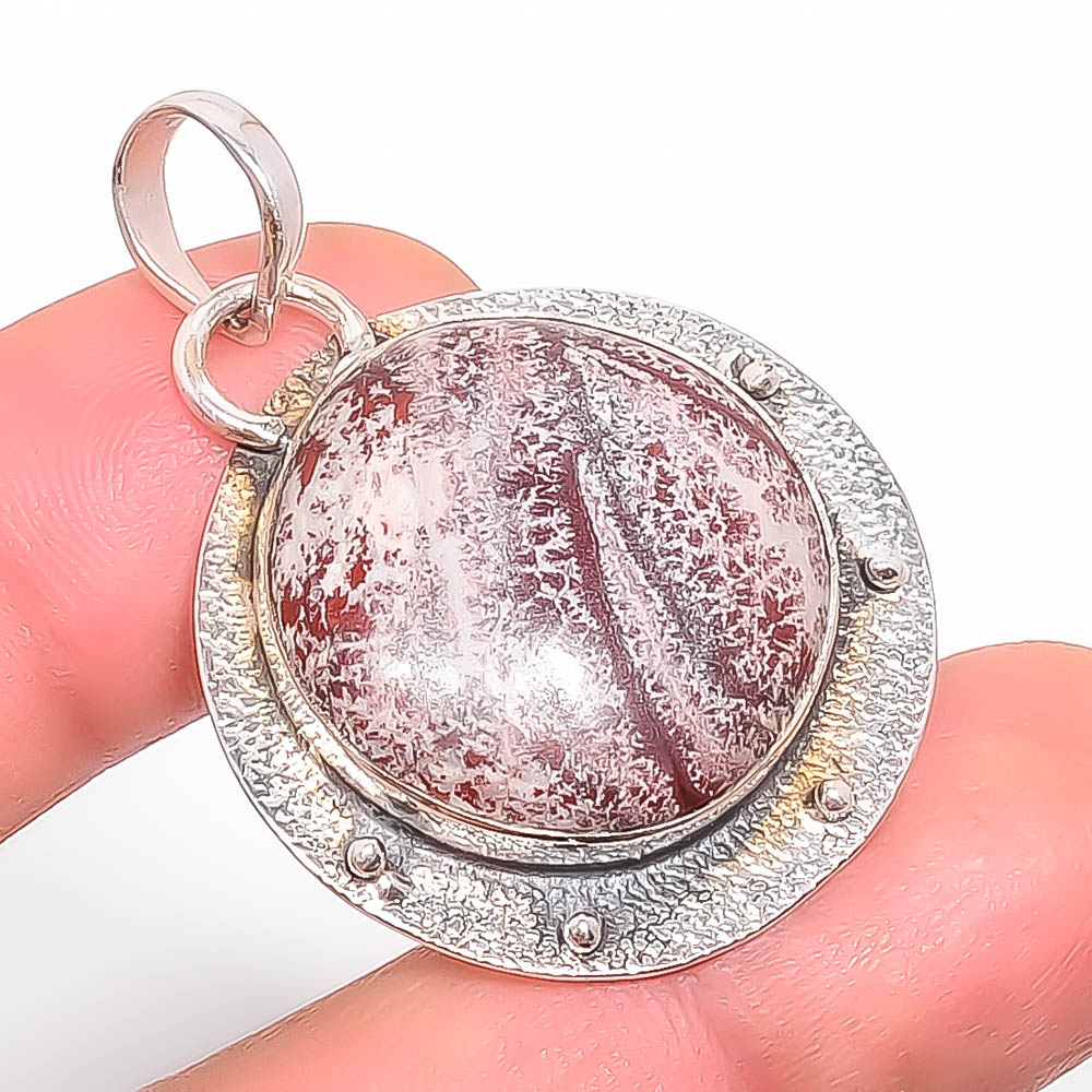 Sonoran Dendritic Jasper 925 Sterling Silver Pendant, Handmade Pendant, Round Pendant, Red Pendant, Unique Silver Pendant, Fine Pendant, Silver Jewelry Pendant