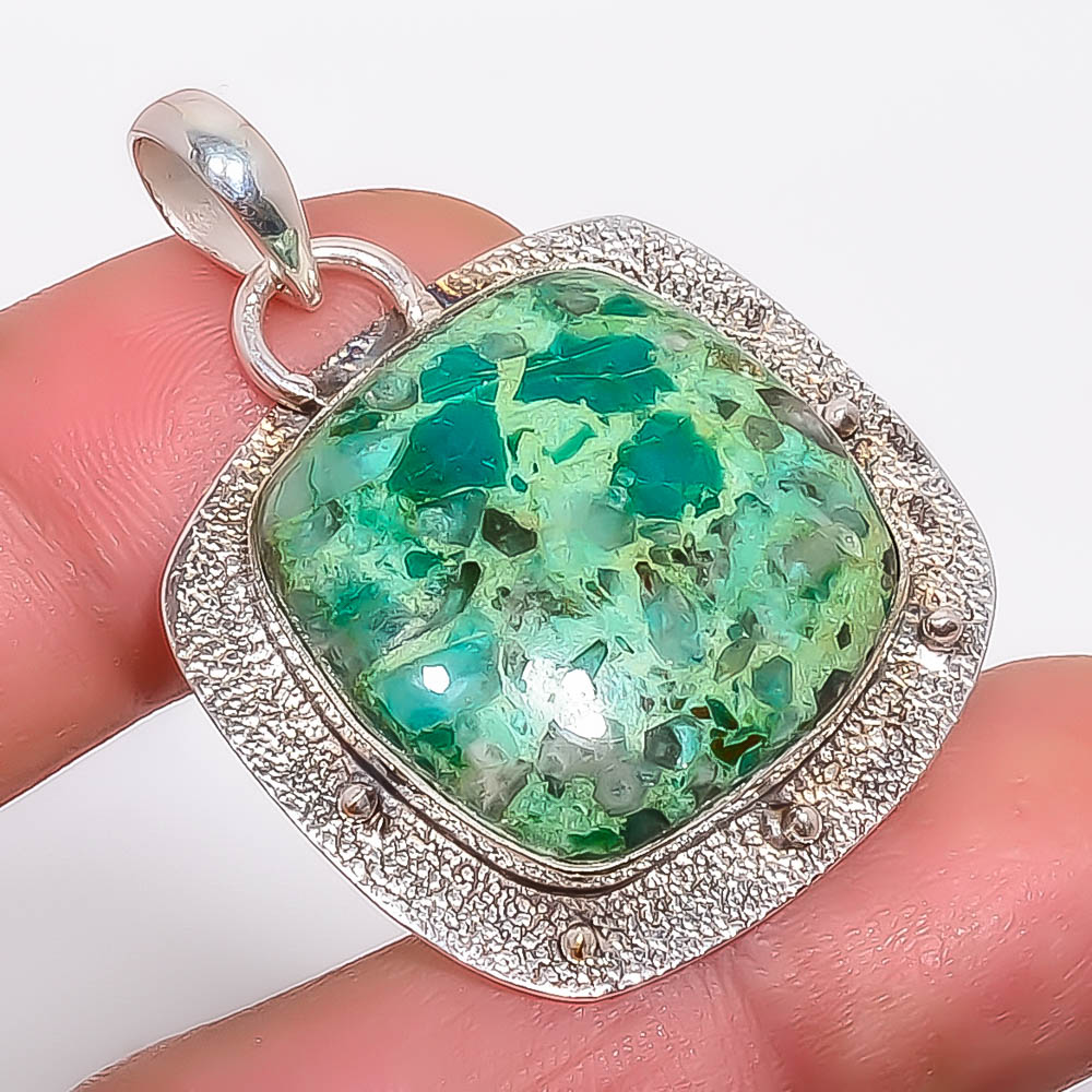 Chrysocolla 925 Sterling Silver Pendant, Handmade Pendant, Cushion Pendant, Green Pendant, Unique Silver Pendant, Fine Pendant, Silver Jewelry Pendant