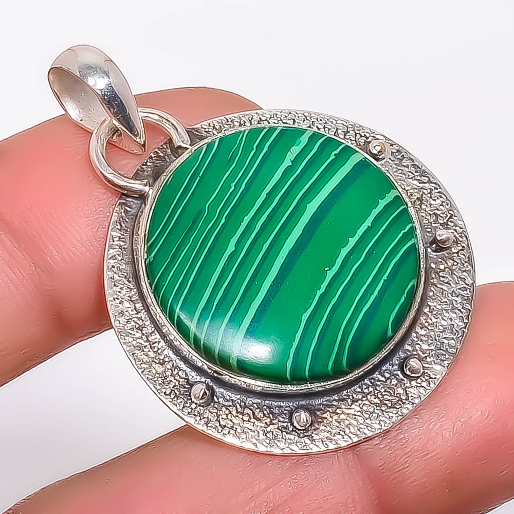 Malachite 925 Sterling Silver Pendant, Handmade Pendant, Round Pendant, Green Pendant, Unique Silver Pendant, Fine Pendant, Silver Jewelry Pendant