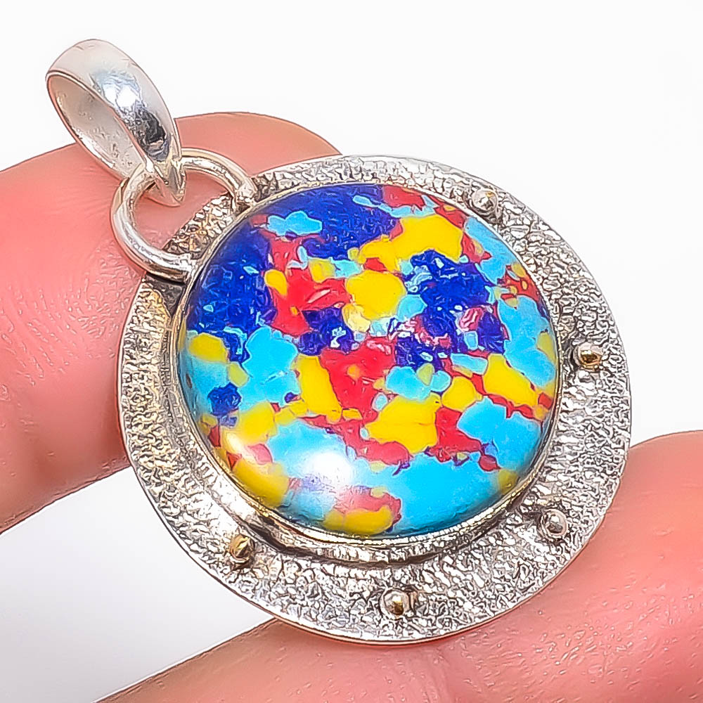 Mosaic Balloon Jasper 925 Sterling Silver Pendant, Handmade Pendant, Round Pendant, Yellow Pendant, Unique Silver Pendant, Fine Pendant, Silver Jewelry Pendant