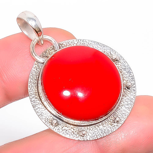 Red Coral 925 Sterling Silver Pendant, Handmade Pendant, Round Pendant, Red Pendant, Unique Silver Pendant, Fine Pendant, Silver Jewelry Pendant