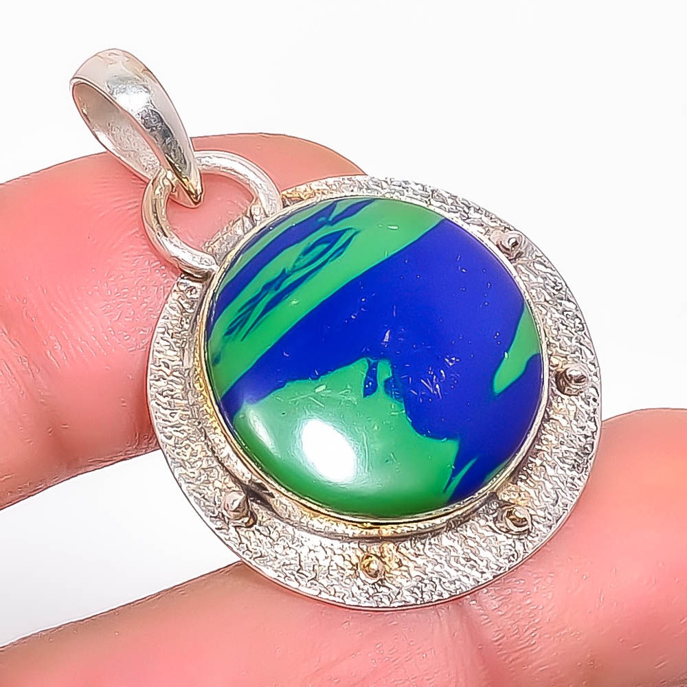 Azurite Malachite 925 Sterling Silver Pendant, Handmade Pendant, Round Pendant, Blue Pendant, Unique Silver Pendant, Fine Pendant, Silver Jewelry Pendant
