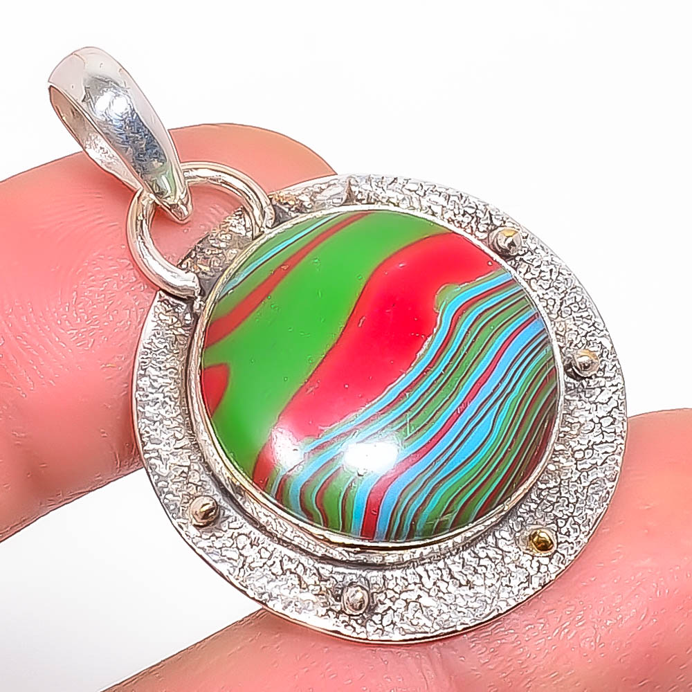 Rainbow Calsilica 925 Sterling Silver Pendant, Handmade Pendant, Round Pendant, Green Pendant, Unique Silver Pendant, Fine Pendant, Silver Jewelry Pendant